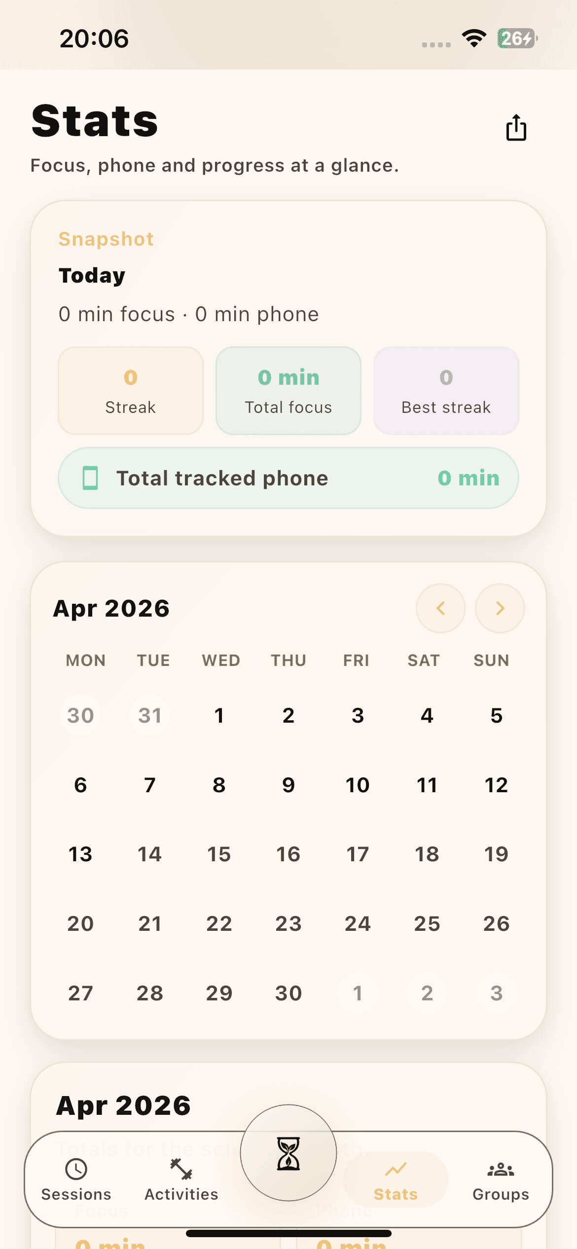 OnFocus stats screen showing tracked focus metrics