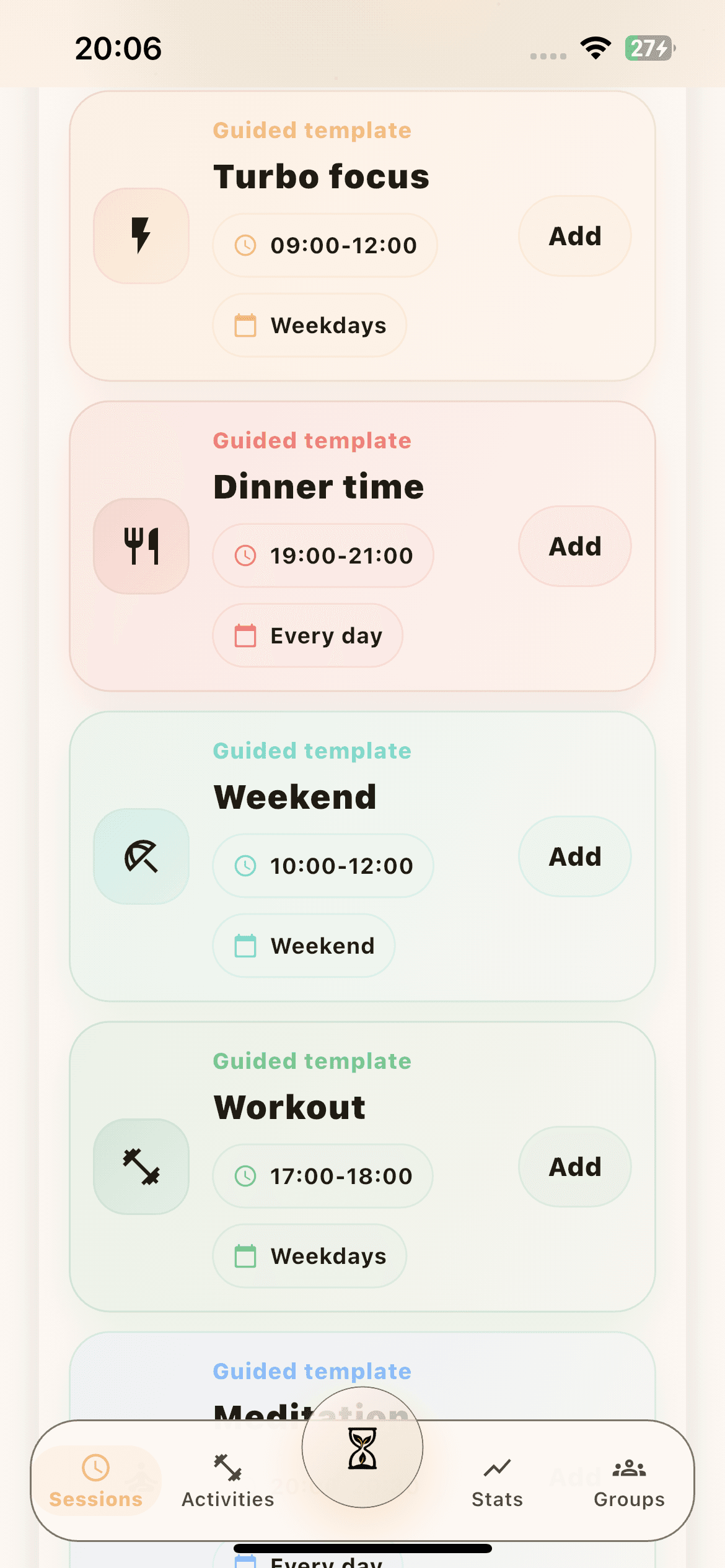 OnFocus activity template screen with ready-made presets