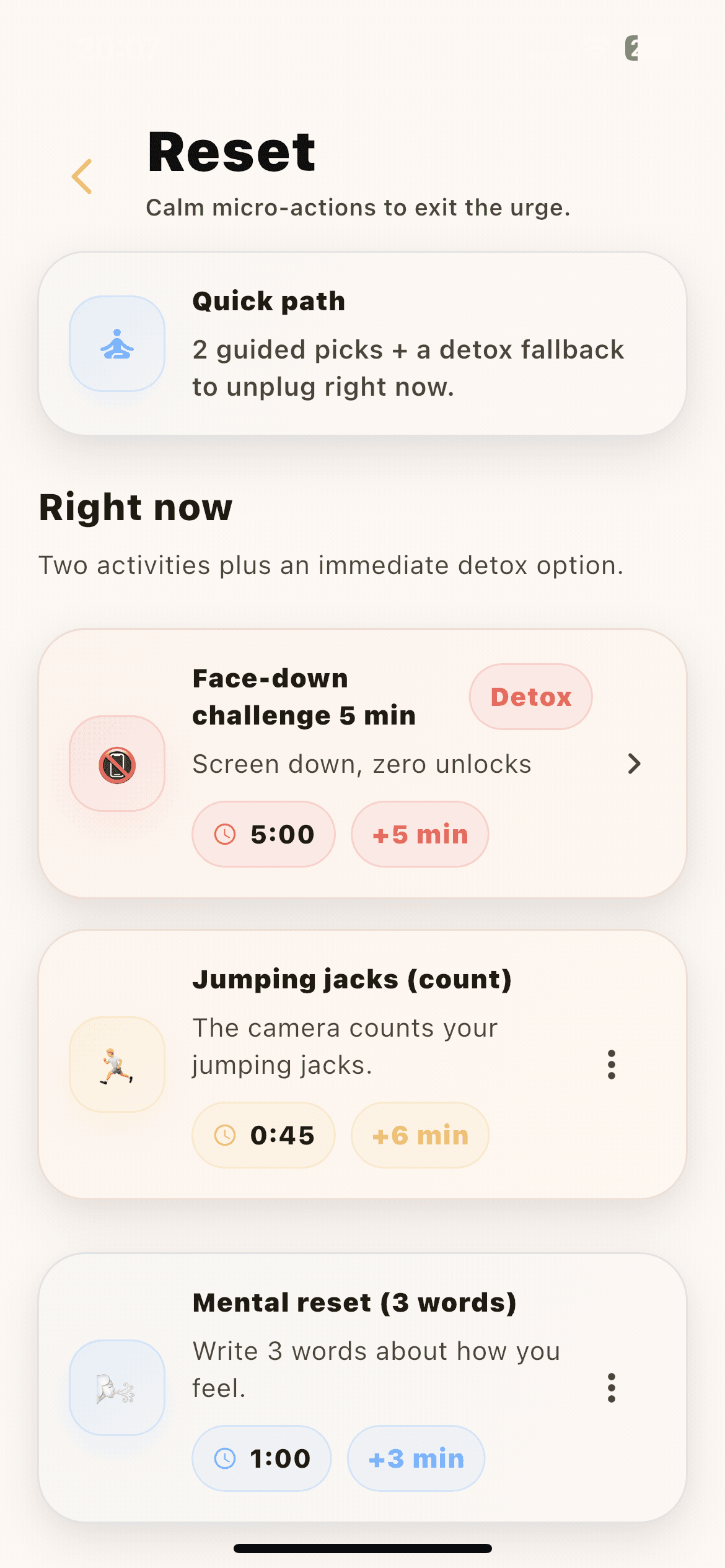 OnFocus reset screen with recovery options for the next unlock loop